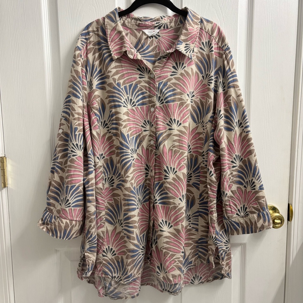 Intro Button Up Linen Tunic Top 3X Roll Tab Sleeves
